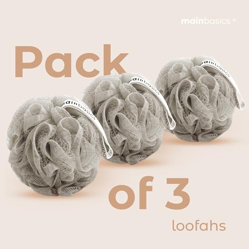 Image of MainBasics Shower Loofah Sponge Pouf, Set of 3, Totally Taupe | Soft Mesh Body Scrubber and Bath Sponge for Gentle Exfoliation, Rich Lather, and Everyday Shower Use