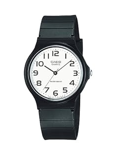 Round watch with logoed white dial featuring Arabic numeral markers 35 mm plastic case with protective resin glass dial window Quartz movement with analog display Black resin band with buckle closure water resistant