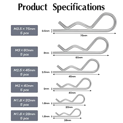 30 Stück Verzinkter RC Clips Splinte, Leryati Splinte Sortiment mit Sortimentskasten, 6 Modelle Splinte Set Sicherungssplint, Splinte Federstecker Set für Autos Gartengeräte Schlepper Rasenmäher