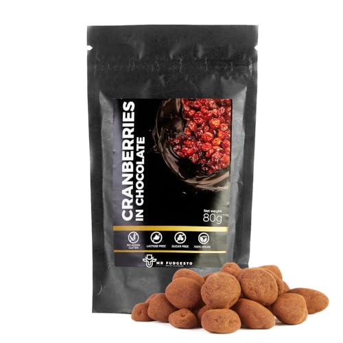 Arándanos Secos Cubiertos de Chocolate para Postre - Dulces Mr Fudgesto - Delicia Premium - Sin Azúcar Añadido - Aperitivo Saludable - Frutos Secos y Frutas Recubiertos de Cacao - Caja de 80g
