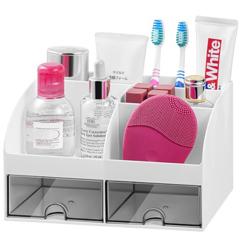 VITVITI Toothbrush Holders for Bathrooms Countertop, 5 Slots Toothpaste Bathroom Counter Sink Organizer with Drawers, Plastic Bathroom Organizer for Vanity/Makeup/Office White