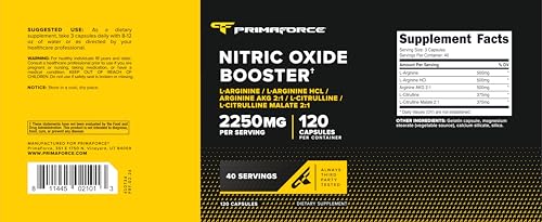 Image of Primaforce Nitric Oxide Booster (2,250mg) 120 Capsules, 40 Servings (Pack of 3)