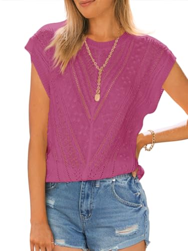 Image of Langwyqu Womens Cap Sleeve Tops Summer Crew Neck Shirt Lightweight Crochet Knit Sweater