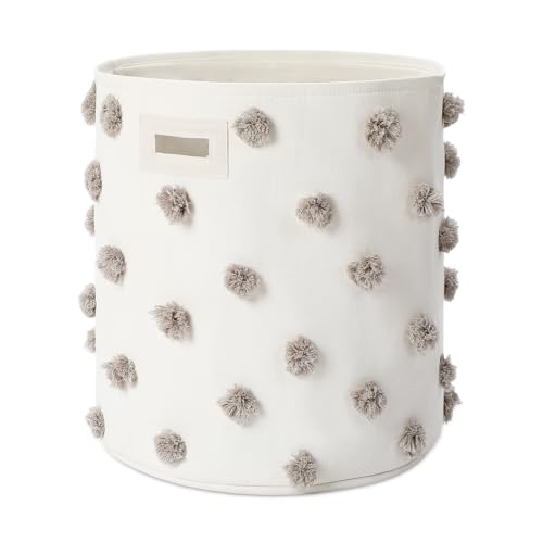 Sunnymove Grey 17.5" D x 20.8" H Pom Pom Basket Bin Large Cotton Canvas Laundry Hamper Baby Girl Laundry Basket Storage, Baby Nursery Hamper for Nursery Playroom Home Room Organizer Decor