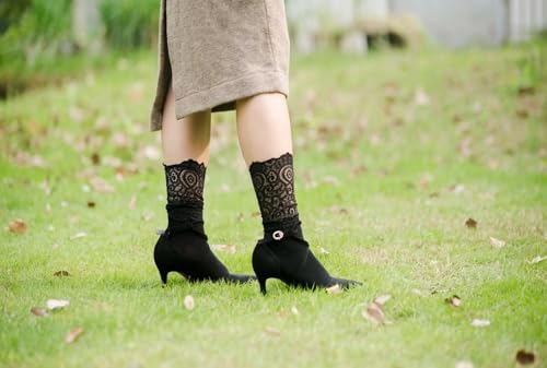 Image of Womens Lace Cotton Socks Transparent Mesh Ruffle Dress Calf Socks