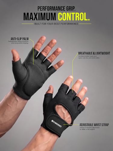 Image of CHKOKKO Gym Gloves for Men and Women Neoprene Adjustable Wrist Support | Fingerless Anti Slip Grip Texture for Weighlifting, Exercise, Pull ups or Cycling