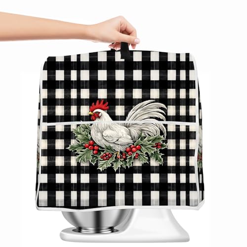 Image of Kitchen Dust Cover Compatible with 4.5 5 6 8 quart Stand Mixer, Kitchen Appliance Protective Covers with Top Handle and Pocket (Black-white striped chicken, For All 6-8 qt Mixer)