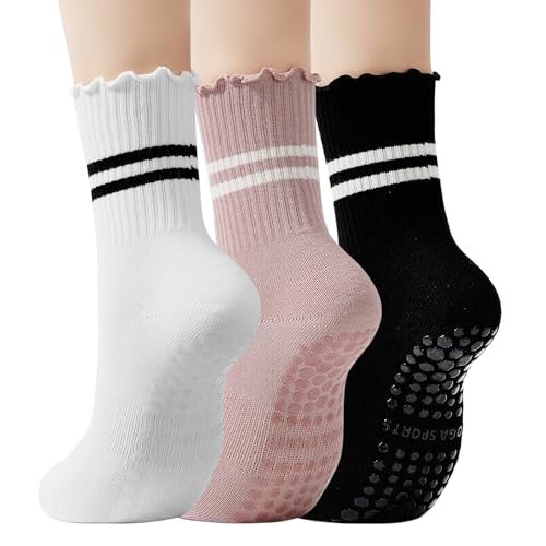 Image of American Trends Pilates Crew Socks for Women with Grips, Non Slip Ruffle Sock for Yoga Barre and Workout