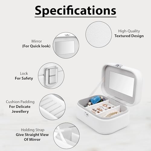 Image of BucketList PU Leather Jewellery Organizer Box with Mirror | Travel-Friendly Jewelry Storage Case with Ring Slots & Secure Lock (Travel Jewellery Box with Mirror (White))