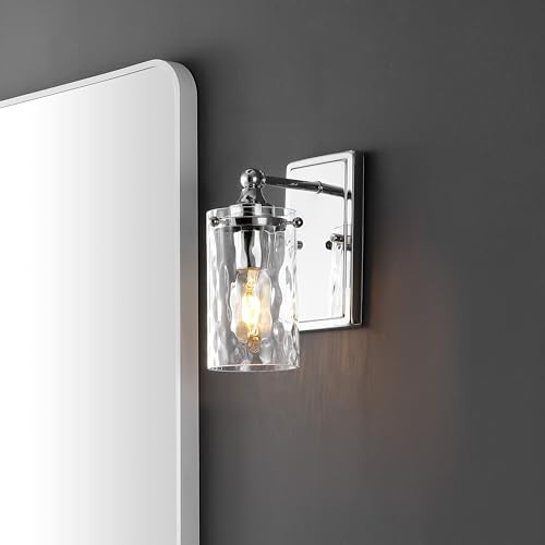 Image of SAFAVIEH Lighting Collection Jobie Chrome /Glass Shade Wall Sconce Set of 2 Light Fixture, Ideal for Bathroom, Entryway, Vanity, Foyer, Hallway, Living Room (LED Bulbs Included)