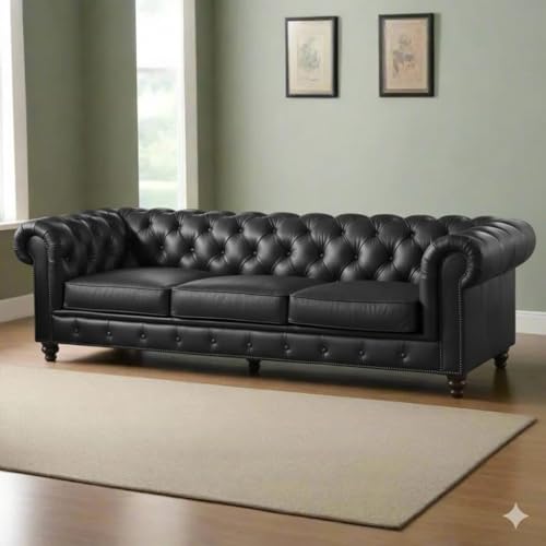 Image of Classic Leatherette Chester Sofa Set Button Tufted, Classic Style Sofa Set for Living Room, Office, and Hallway Colour (Black Leatherette, 3+1=4 Seater Sofa)