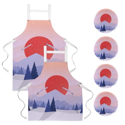 Lot de 2 tabliers de cuisine avec motif paysage d'hiver et 4 broches