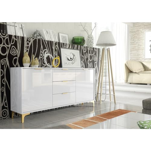 Creative Furniture Sideboard 140cm Luxury Modern TV Unit Stand - White High Gloss & Gold Finish Accents, LUX101 - Image 4