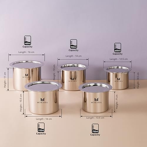 Image of MIKARA Flat Bottom Induction Friendly Stainless Steel Tope Set, Mirror Finish, 5-Piece Combo (325ml, 425ml, 525ml, 650ml & 750ml), Includes 5 Topes with Lids