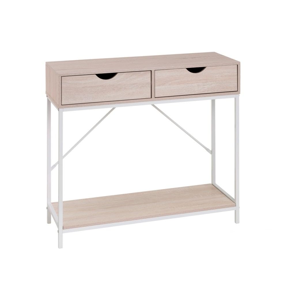 Consola recibidor Urban 2 cajones de metal y madera blanco de 80x30x75 cm | Mueble auxiliar estrecho con 2 cajones y una balda inferior de almacenaje. Para recibidor, entrada o salón
