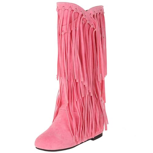 GUNIYIFS Womens Cowboy Boots Mid Calf Fringe Western Boots for Women Round Toe Fashion Hidden Tassel Heel Knee-high Snow Boots