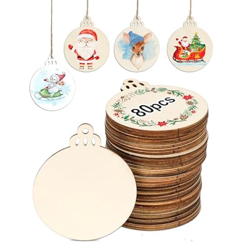 Wohohoho 80pcs Round Wooden Discs with Holes, 3.5" DIY Wooden Circles Christmas Ornaments for Crafts. Unfinished Natural Wood Slices Wood Blank for Christmas Decorations Home Decor Kid's Painting Gift Cover