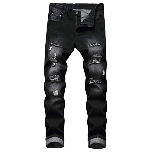QIMYUM Mens Ripped Jeans Slim Straight Leg Distressed Destroyed Pant with Holes (40, Black)