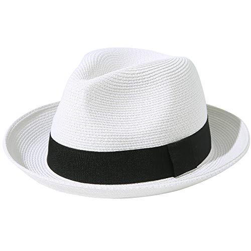 Lanzom Men Women Straw Foldable Roll up Hat Fine Braid Fedora Summer Beach Sun Hat (A-White, Large)