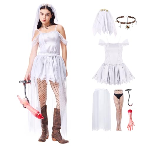 Ladies Ghost Bride Halloween Fancy Dress Womens Cosplay Halloween Corpse Bride Costume Ragged White Wedding Dress Perfect-XL