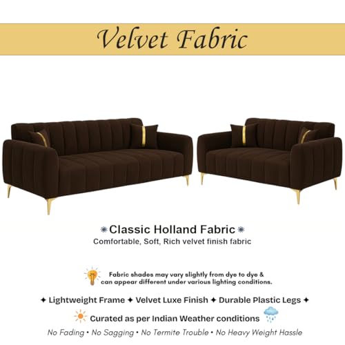 Image of FURNY Harmony 5 Seater Velvet Fabric 3+2 Sofa Set (Brown) with Golden Finish Legs | Durable & Comfortable | Ideal for Living Room