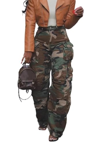 Geulis Women's High Waisted Baggy Jeans Casual Loose Wide Leg Denim Pants Ripped Cargo Jeans Streetwear with Flap Pocket Camo