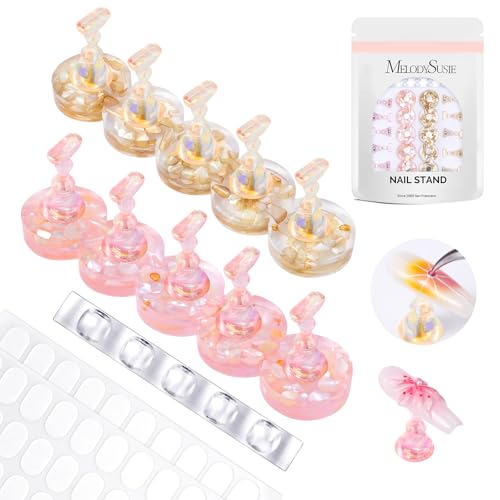 Image of MelodySusie Nail Stand for Press Ons, Round Shell Acrylic Magnetic Base for Painting Display with Brush Holder and 100 Pcs Reusable Double-Sided Tape for Home DIY Salon Supplies