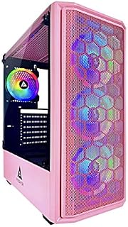 Apevia Predator-PK Mid Tower Gaming Case with 1 x Tempered Glass Panel, Top USB3.0/USB2.0/Audio Ports, 4 x RGB Fans, Pink Frame