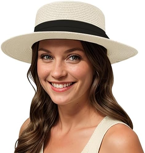Lanzom UPF50+ Women Wide Brim Straw Panama Sun Hat Boater Summer ...