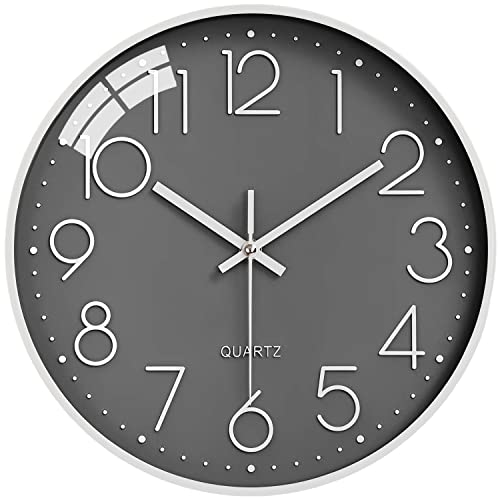 LiRiQi Reloj de Pared Moderno, 30 cm Grandes Decorativos Silencioso Interior Reloj de Cuarzo de Cuarzo Redondo No-Ticking para Sala de Estar, para Cocina Dormitorio Escuela Oficina (Gris)