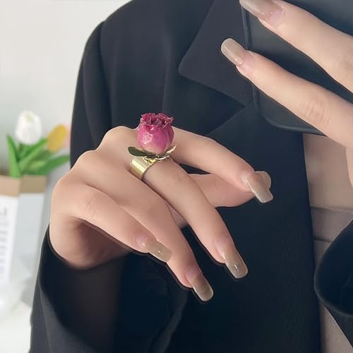 Retro Rose Flower Statement Open Ring Dried Floral Leaf Adjustable Stacking Wide Finger Bands Promise Eternity Wedding Rings Comfort Fit Enagagement Jewelry Gifts for Women Girls Wife2