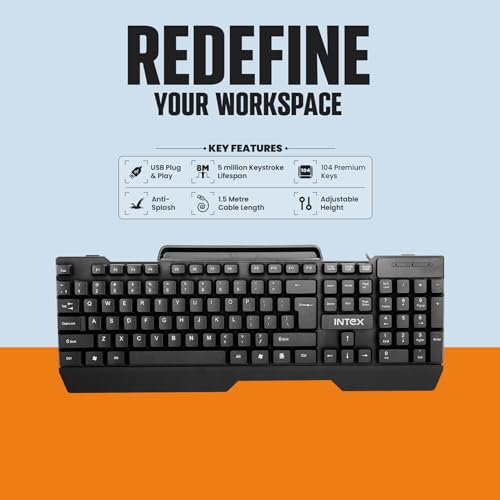 Image of Intex Swift Wired Keyboard (Corona Pro IT-KB333) | USB Plug & Play | 104 Premium Keys | 8 Million Keystroke Lifespan | Spill Resistant | Adjustable Height | 1.5 Meter Cable Length | Black