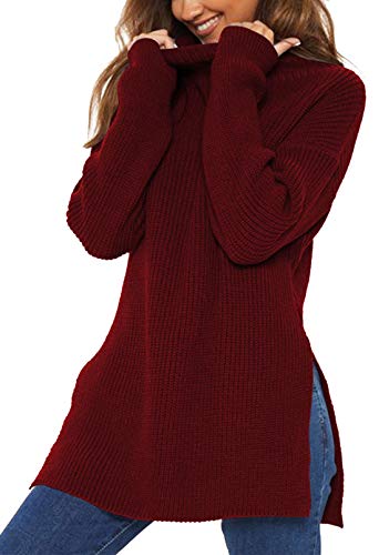 Sovoyontee Women's Long Sleeve Mock Neck Side Split Chunky Oversized Knit Pullover Sweater Ruby Red L