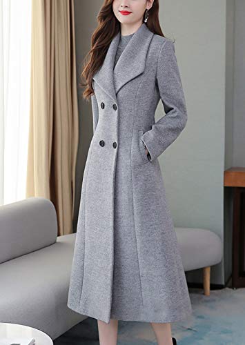chouyatou Women's Chic Shawl Collar Work Double Breasted Maxi Long Wool Pea Coat