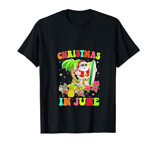 Christmas In June Funny Santa Flamingo Summer Vacation T-Shirt for Men Women Kids