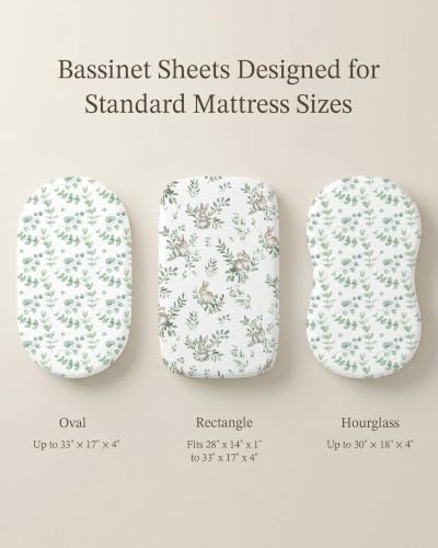 Image of Bassinet Sheets for Baby Girls Boys 2 Pack, Fitted Baby Mattress Sheet for Rectangle, Oval, Hourglass Bassinet Mattress, Breathable Cozy & Universal Fit (Bunny Meadow, Bassinet Sheet)