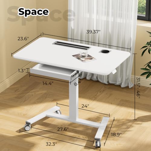 Image of Mobile Standing Desk with Drawer, 40 inchx24 inch Small Standing Desk with Cup Holder, Rolling Laptop Workstaion on Wheels, Height Adjustable Table with Storage for Home Office, White
