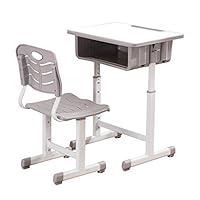 ShowMaven Student Desk and Chair Combo, Height Adjustable Children's Desk and Chair Workstation with Drawer, Pencil Grooves and Hanging Hooks for Home, School and Training (Light Grey&White)