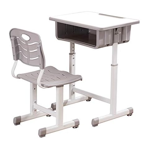 ShowMaven Student Desk and Chair Combo, Height Adjustable Children's Desk and Chair Workstation with Drawer, Pencil Grooves and Hanging Hooks for Home, School and Training (Light Grey&White) Cover