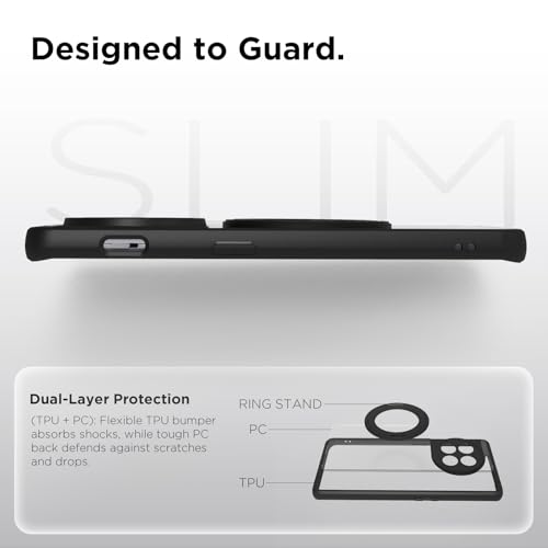 Image of RIGGEAR Shockproof Sleek Hybrid Armor 360 Rotating Magnetic Ring Stand Back Cover Case Compatible with MagSafe Accessories for OnePlus 11R (Clear PC + Black TPU Bumper)