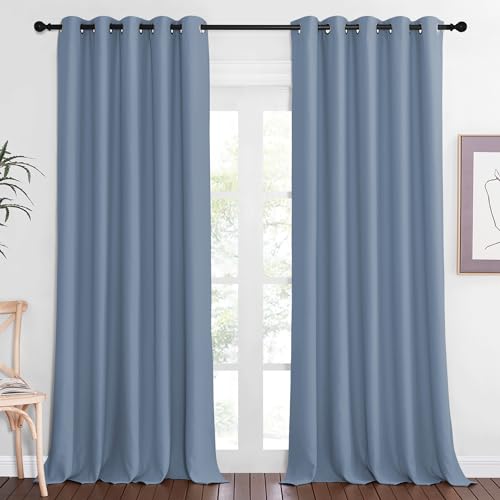 NICETOWN Blackout Doorway Curtain 90 inches Long - Room Darkening Thermal Curtain Grommet Large Window Treatment Sound Reducing for Living Room (Stone Blue, 1 Panel, W66 x L90)