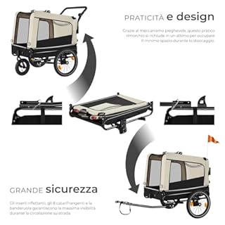 tectake® Carrello per Cani WoofRider, Multifunzionale con Bandierina di Segnalazione, Trasportino da Bicicletta, Jogger per Cani con Struttura Richiudibile, Inserti Mesh Traspiranti - Beige