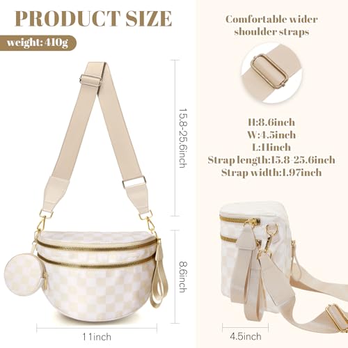 Image of WOOMADA Checkered Crossbody Bag Bum Bag for Women, Spacious Nylon Fanny with Removable Wallets(2pcs-Beige Checkerboard)
