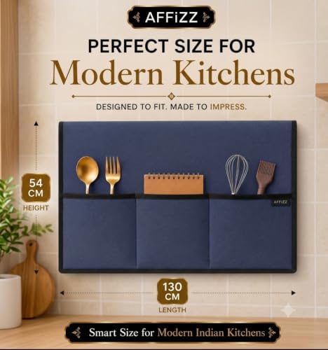 Image of Fridge Cover Top for Single Door Refrigerator with 6 Side Pockets | Waterproof, Dustproof & Washable Polyester Refrigerator Cover Top | Kitchen Organizer Fridge Top Cover | 130 x 54 cm | Blue