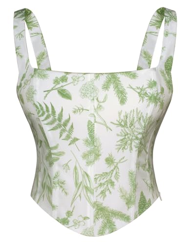 SCARLET DARKNESS Medieval Traditional Corset Tops for Women's Cosplay Smocked Floral Corset Cottagecore Green Print on White XL