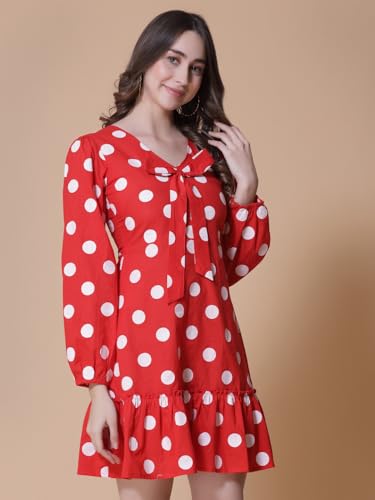 Image of GOD BLESS Red Colored Cotton Polka Dot Printed Short Dress,Short Length,Full Sleeeves,V Neck