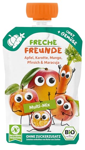 FRECHE FREUNDE Bio Quetschie Multi Apfel, Mango, Pfirsich, Maracuja mit Karotte 100g