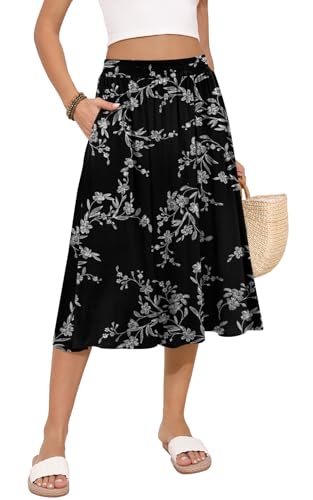 MLXSJ Womens Midi Skirt Summer Flowy Elastic High Waisted Casual Pleated Skirts with Pockets (White Floral Black, L)