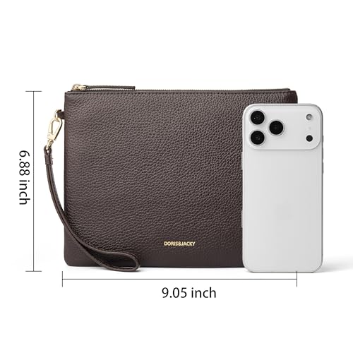 Image of DORIS&JACKY Women Leather Clutch Purse and Phone Wallet with Wristlet Strap | Soft Designer Evening Party Bag, Thin Slim RFID Blocking Cellphone Pouch Case, Formal Casual Handheld Premium Little Purse
