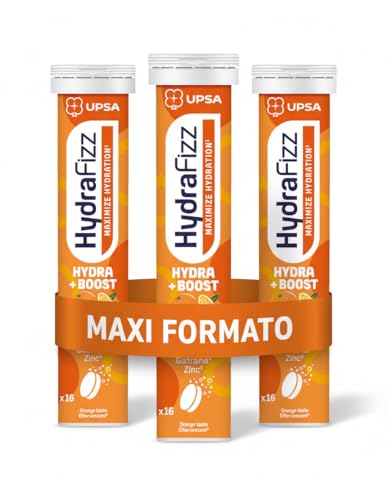 UPSA - Hydrafizz Boost - 48 Compresse effervescenti - Massimizza l'Idratazione - Elettroliti Essenziali per il Benessere - Caffeina e Guarana - Vitamina C - Energia per Corpo e Mente - Gusto Arancia